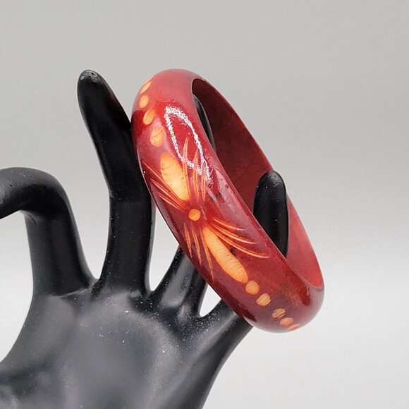 Resin Bangle Bracelet Stackable Etched Abstract Design Reddish Brown Vintage - Picture 3 of 6